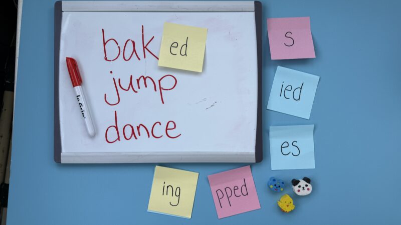 Verb Tenses ActivitiesStickyNoteEndings2 Construction paper with sticky notes and words baked, jump, dance on it