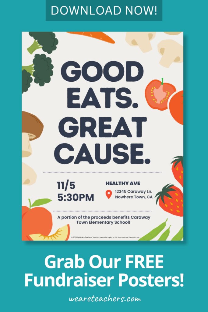 an example of a school fundraiser poster that has images of fruits and vegetables, time, date and location as a pinterest pin 