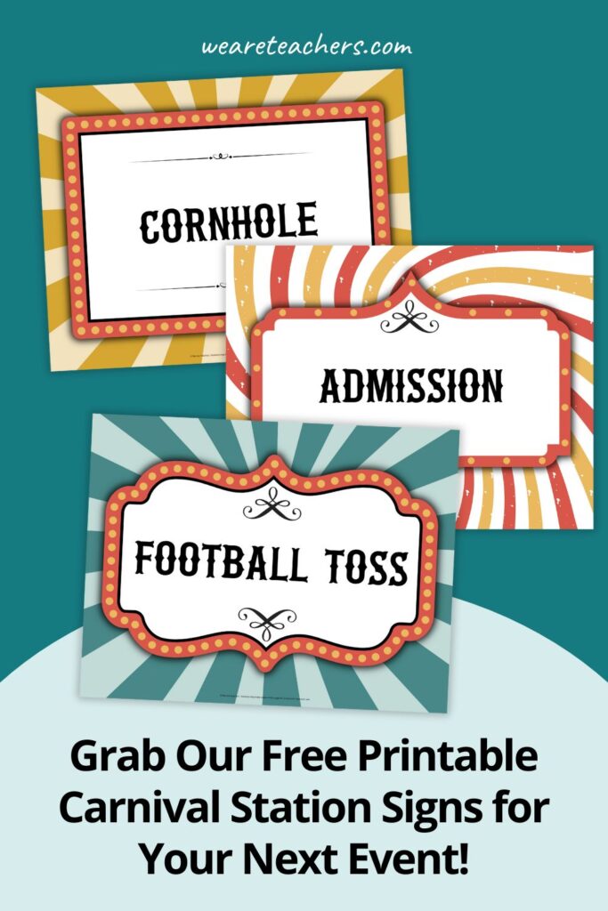 Carnival Station Signs Pinterest pin promoting free printable carnival station signs with 3 carnival sign examples