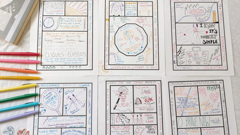 One-Pager Examples assorted one-pager examples created by students with brightly colored pens