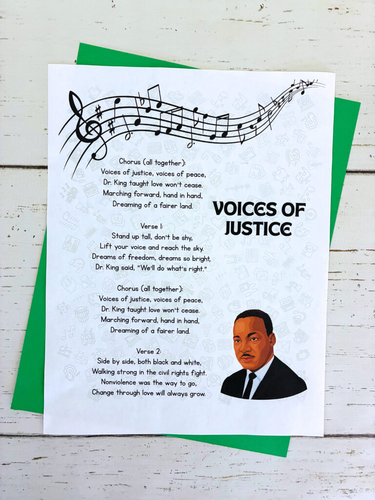Voices of Justice Song Lyrics for Martin Luther King Jr. the lyrics to a student created song about Martin Luther King Jr.