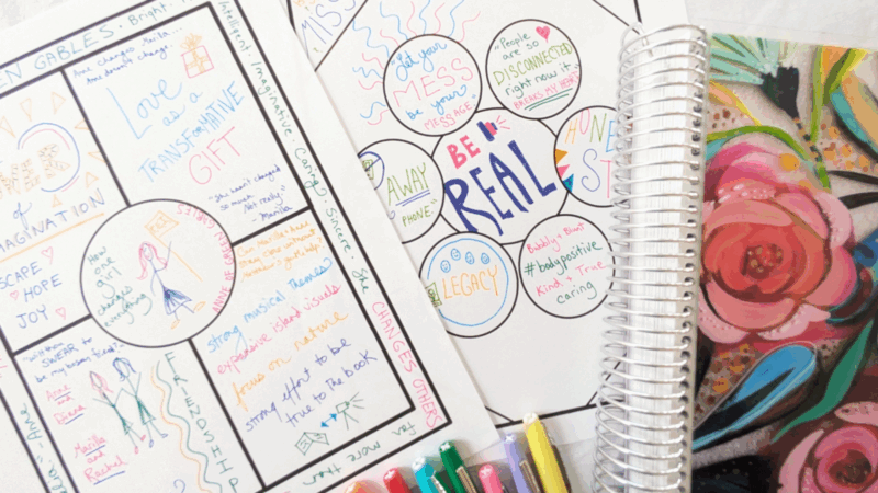 Multimedia One-Pager Examples student examples of one-pagers created from multimedia like podcasts and film in brightly colored ink