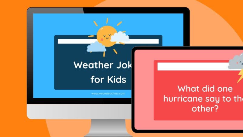 an image of a computer screen and an ipad screen with a slide with weather jokes for kids