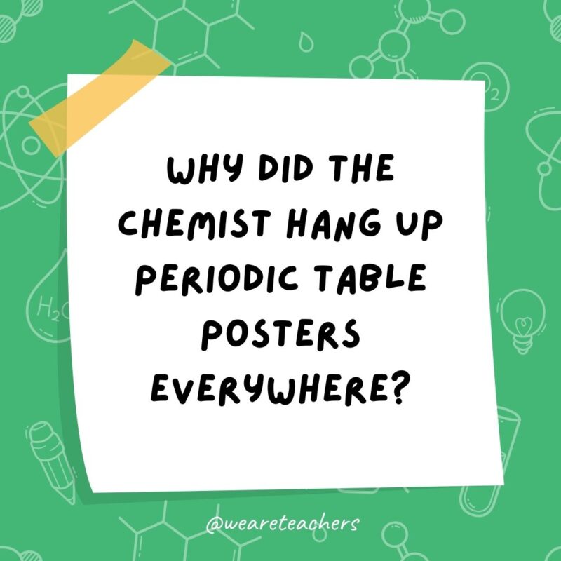 Why did the chemist hang up periodic table posters everywhere? It made him feel like he was in his element. Why did the chemist hang up periodic table posters everywhere? It made him feel like he was in his element.