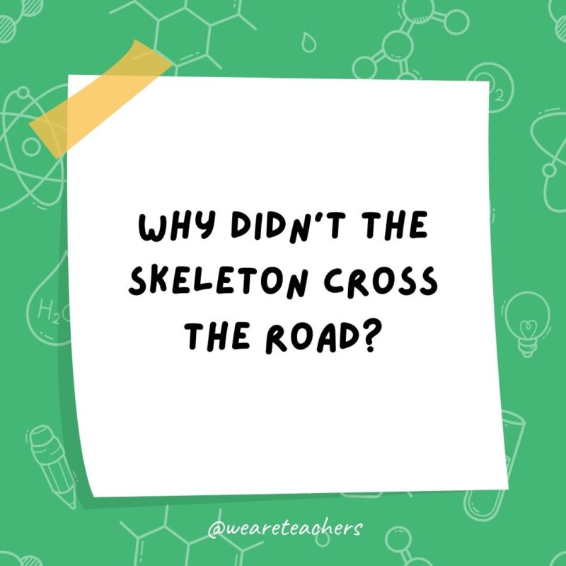 Why didn’t the skeleton cross the road? He didn’t have the guts. Why didn't the skeleton cross the road? He didn’t have the guts.- science jokes