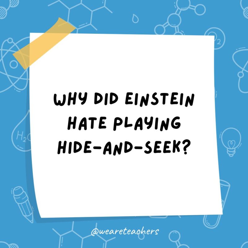 Science Jokes a post it note clipart with the joke: why did Einstein hate playing hide-and-seek?