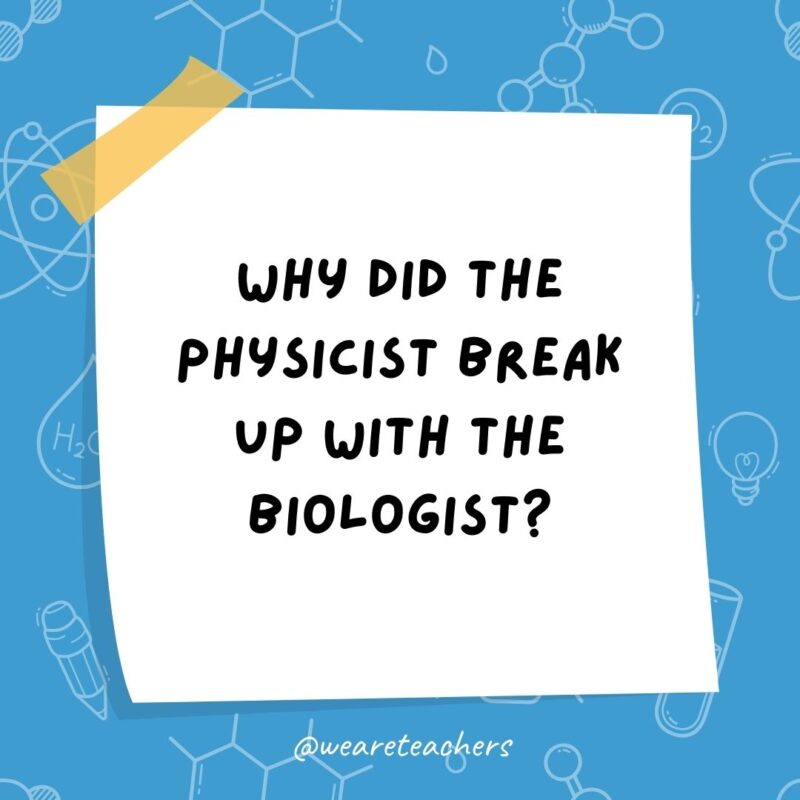 Why did the physicist break up with the biologist? There was no chemistry. Why did the physicist break up with the biologist? There was no chemistry.