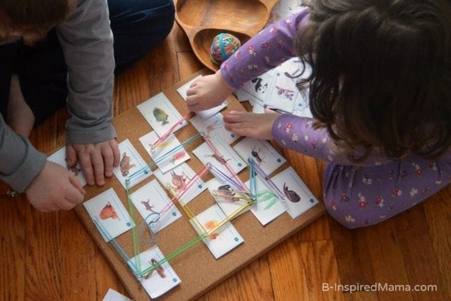 3D Food Web Two children are seen stringing thread across pictures of animals and plants on a board in this example of a food webs activity.