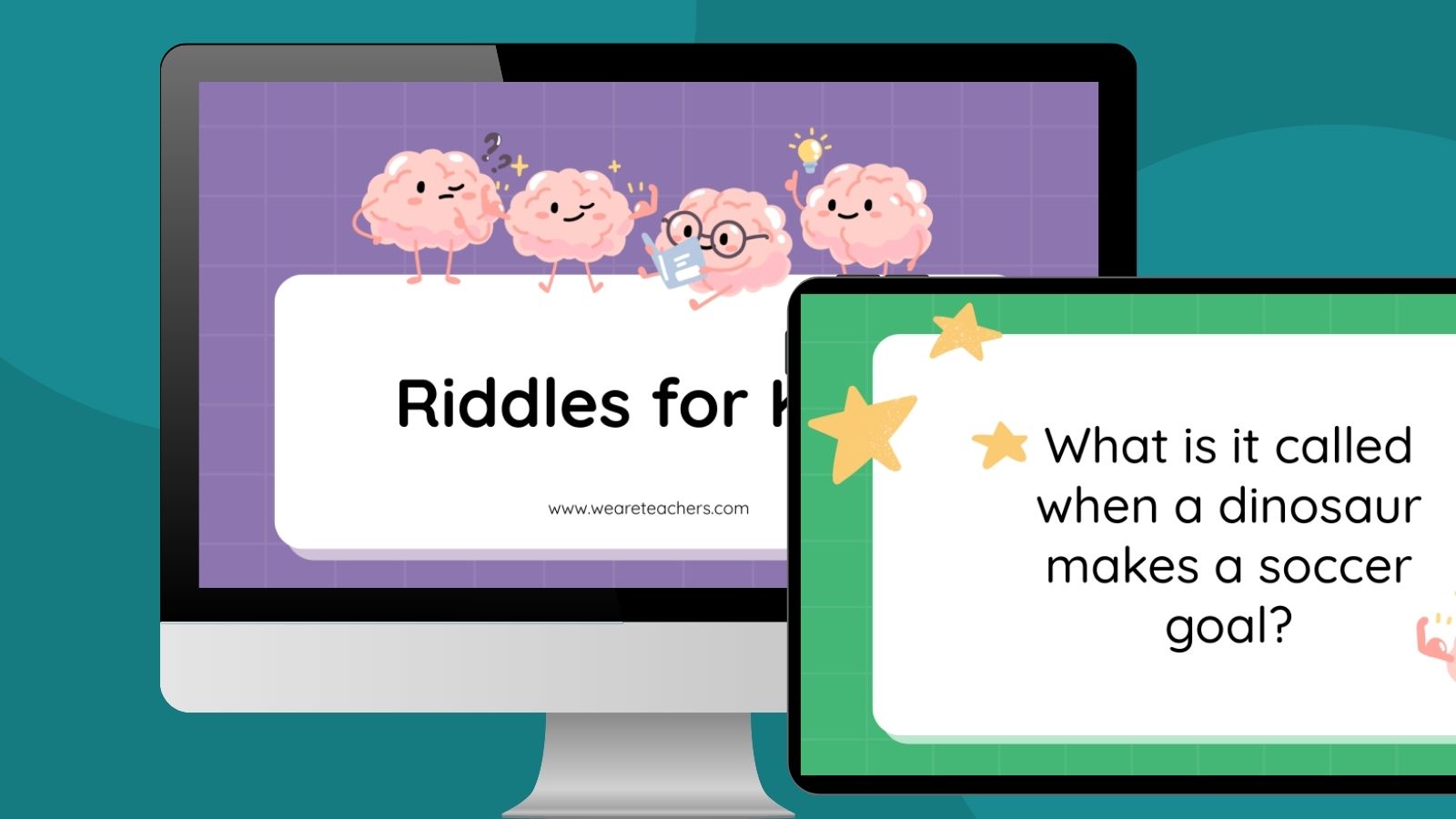 an image of a computer and ipad screen featuring google slides of riddles for kids