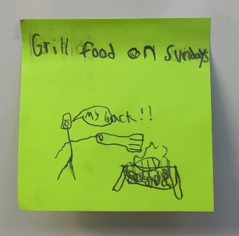Student illustration on Post-It of what people in their 40s do for fun