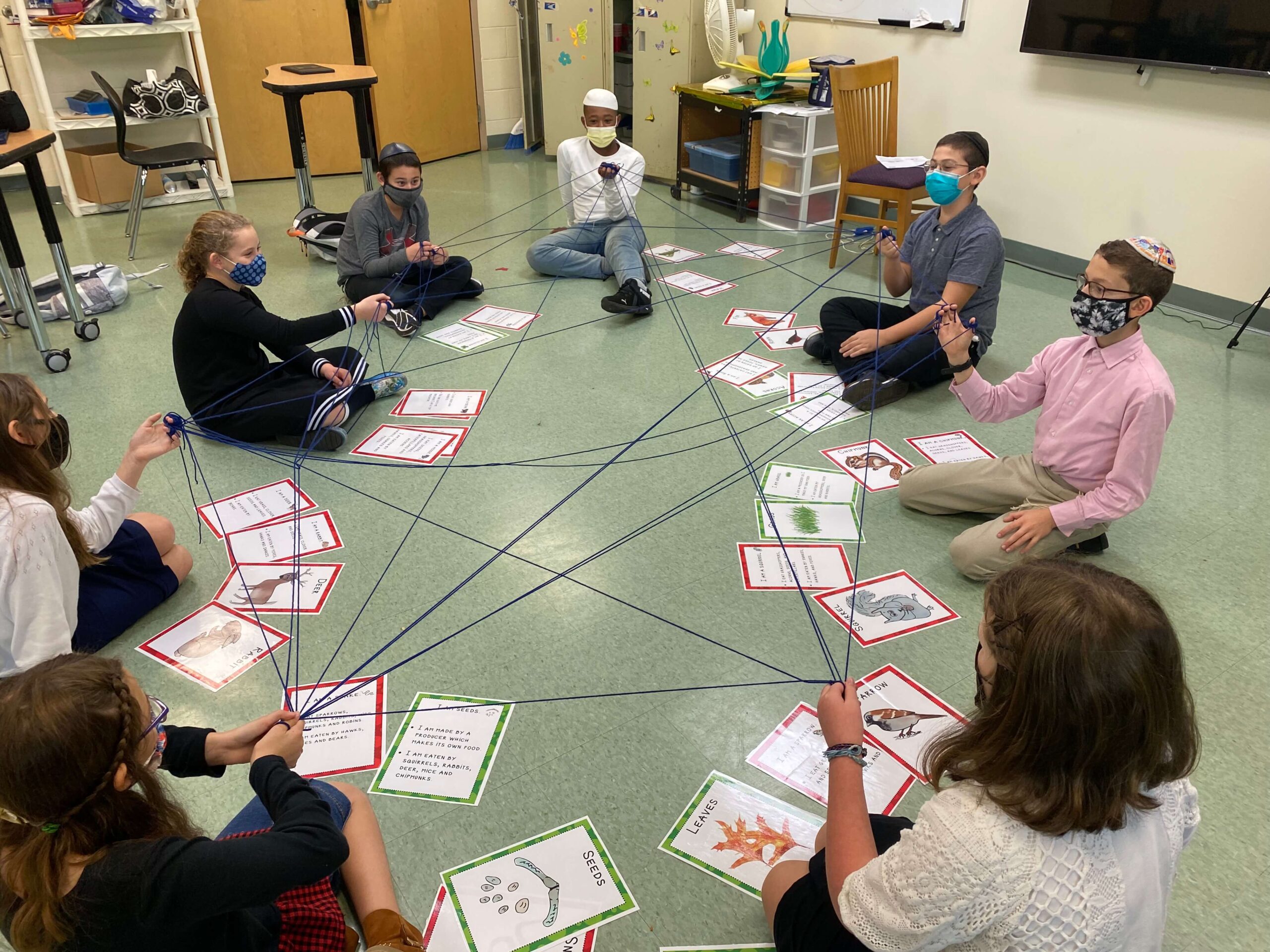 Large Web Students sit on the floor in front of papers with different plants and animals on them. There is yarn woven around them to form a web.