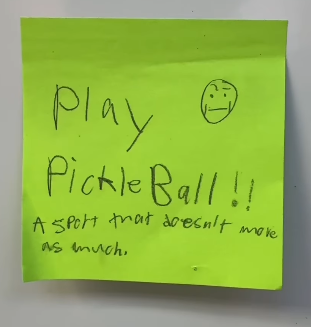 Student illustration on Post-It of what people in their 40s do for fun