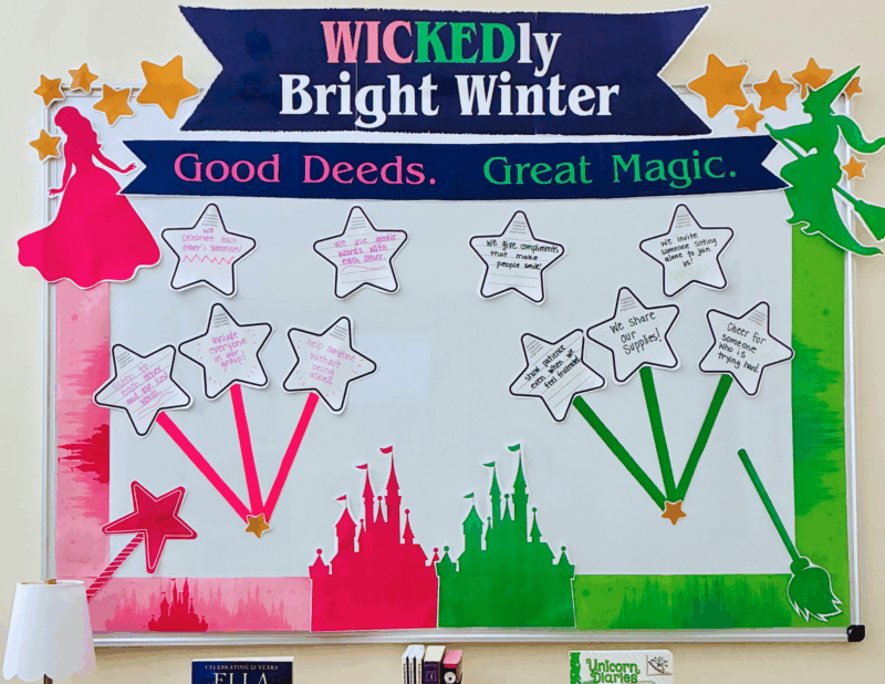 an image of a winter bulletin board that is wicked themed with half of the components pink and half of the components green
