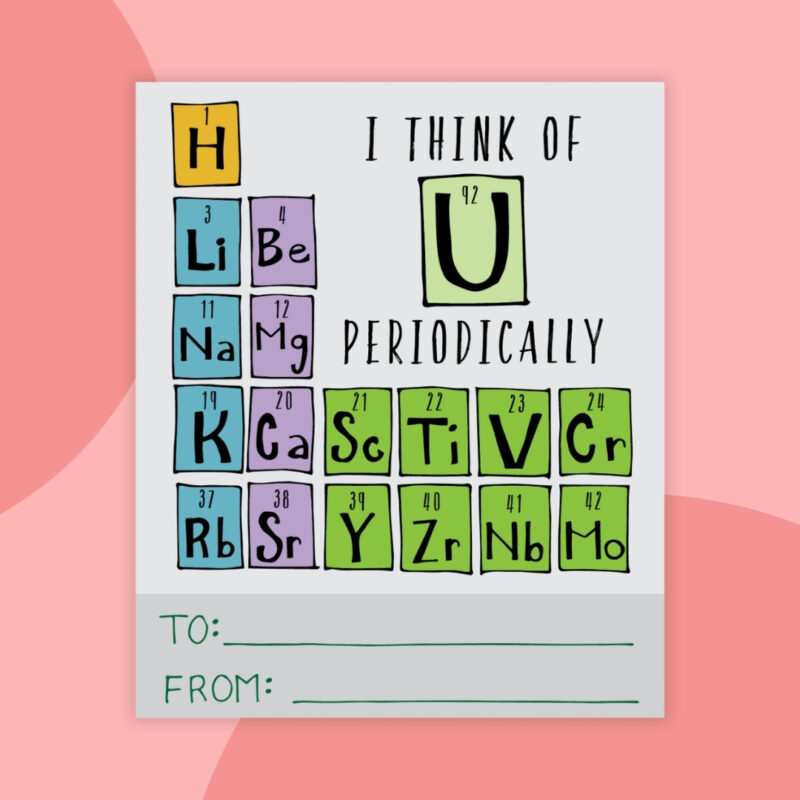 a printable valentine that says: I think of U periodically with a small piece of the periodic table