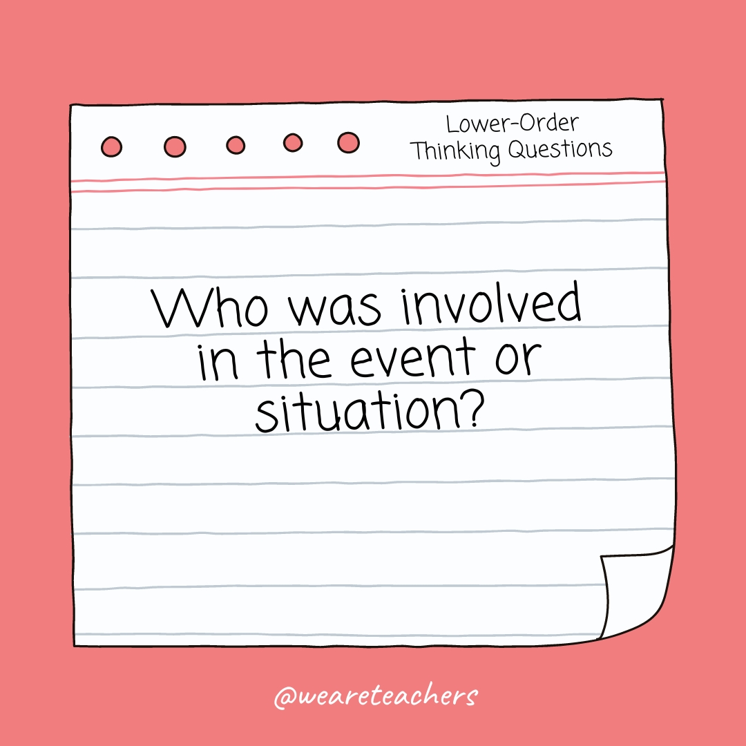 Lower Order Thinking Question:: Who was involved in the event or situation?