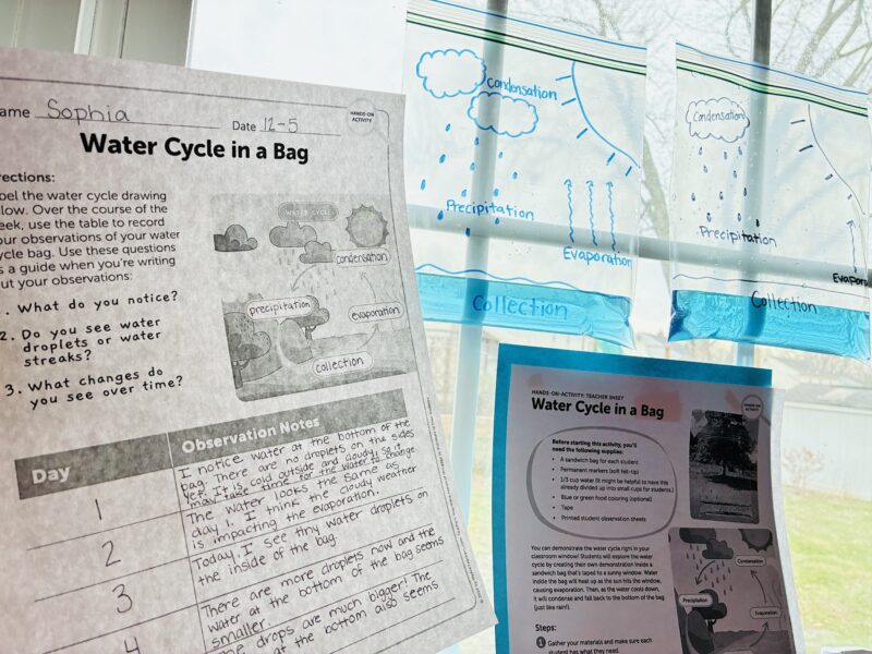 a science experiment that is showcasing the water cycle in a bag with an observation worksheet and step-by-step directions