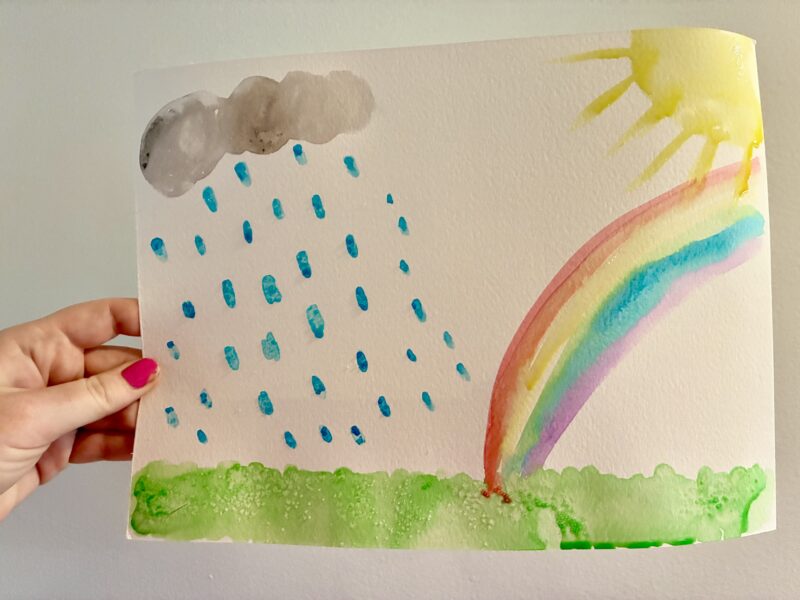a student water color representation of rain and a rainbow