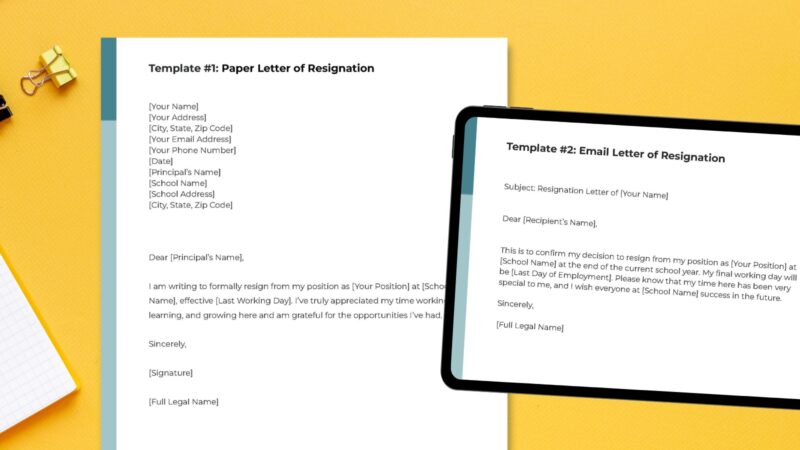 Teacher Resignation Letter 1 Teacher resignation letter on desk and on tablet.