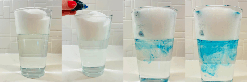 four photos of a rain science experiment that showcases what happens when blue food dye goes through shaving cream to get to water