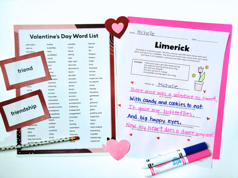 an image of a Valentines' Day word list a a student limerick poem worksheet