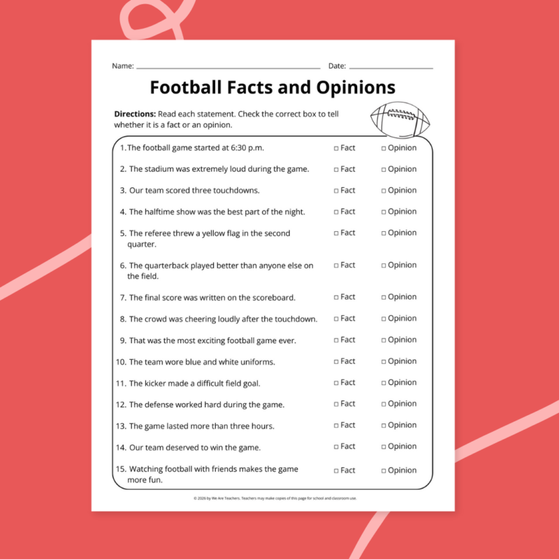 printable football worksheet examples in front of a red background