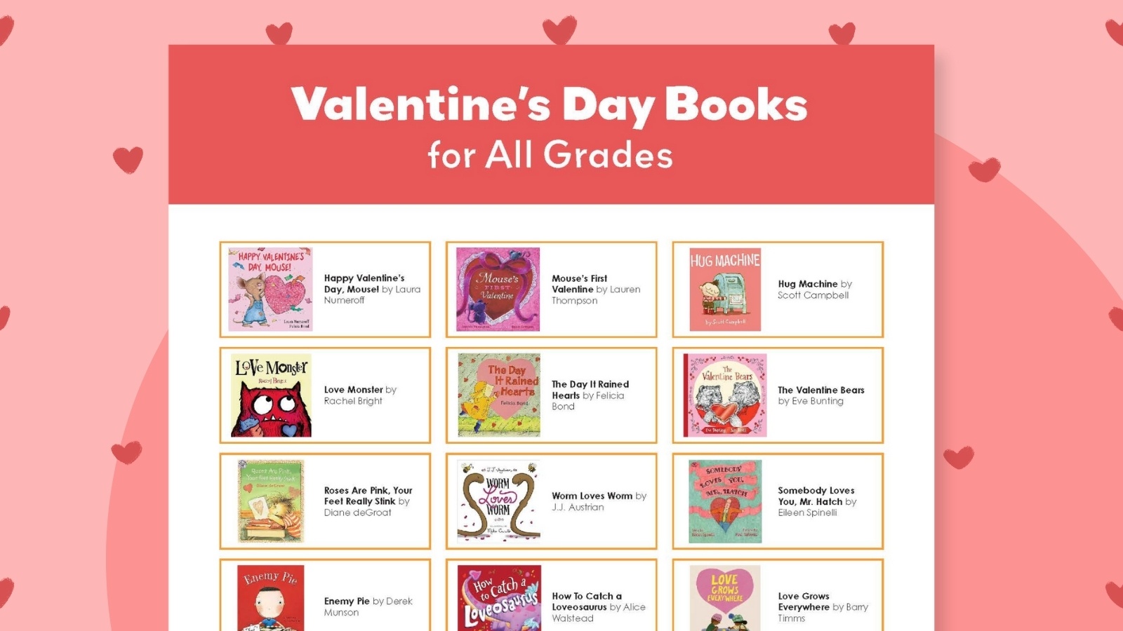 an image of various Valentine's Day books for kids covers on top of a pink and red background with hearts