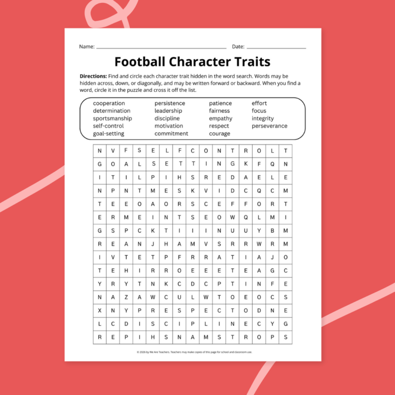 printable football worksheet examples in front of a red background