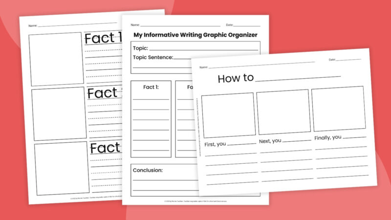 an image of four informational writing graphic organizer printables on top of a red background