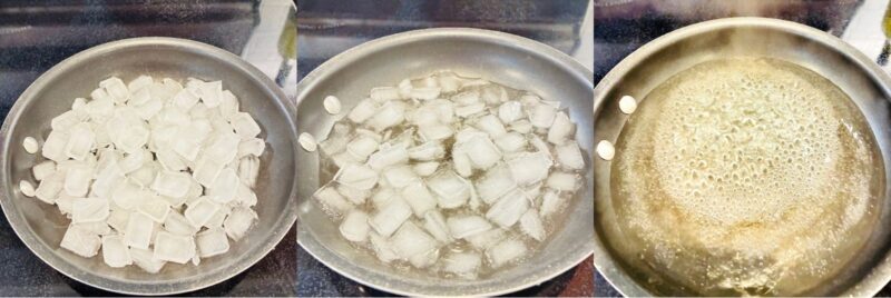 three photos into one large photo showing ice in a saucepan, melting ice in a saucepan and water boiling in a saucepan