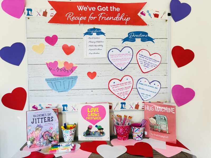 an image of a Valentine's Day bulletin board featuring a recipe for friendship
