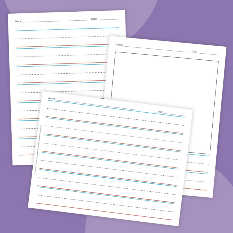 Lined writing paper for kindergarteners with top blue lines, bottom red lines, and dotted midlines
