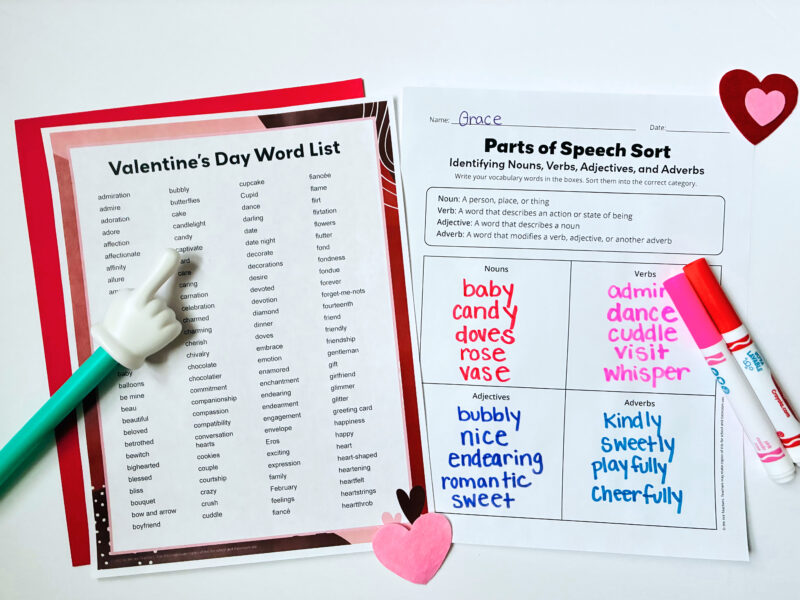 an image of a Valentines' Day word list and a parts of speech worksheet