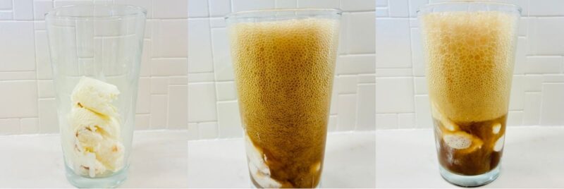 one image with three stages of a root beer science experiment showing solid (ice cream), liquid (root beer) and gas (bubbles formed when the root beer and ice cream come together.